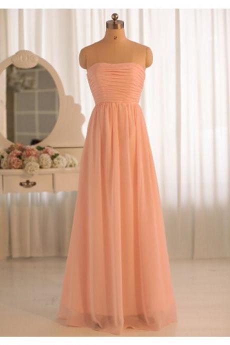 Coral Chiffon Ruched Strapless Straight-across Floor Length A-line Prom Dress