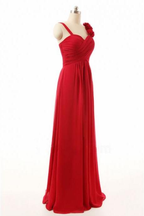 Red Prom Dresses With Floral Straps Sweetheart Chiffon Evening Gowns - Formal Gowns,party Dress