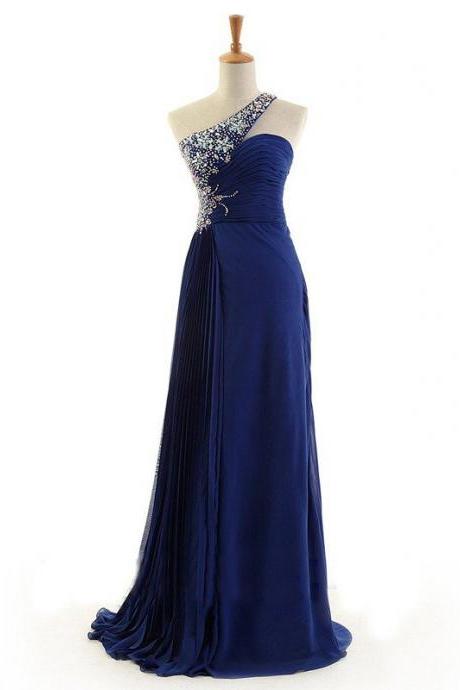 Royal Blue One-shoulder A-line Chiffon Long Prom Dress With Beaded Embellishment