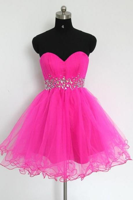 Hot Pink Short Prom Dresses Rhinestones Sweetheart Organza Homecoming Dresses With Ruched Bodice