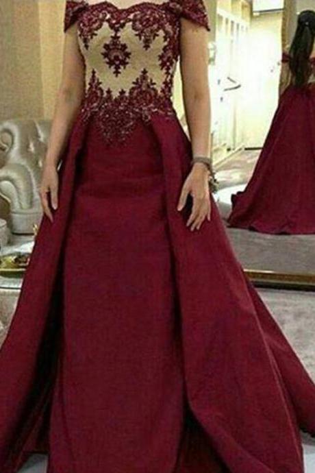 Cap Sleeve Burgundy Satin Prom Dresses, Long Chapel Train Evening Dresses With Lace Bodice, Burgundy Party Dresses