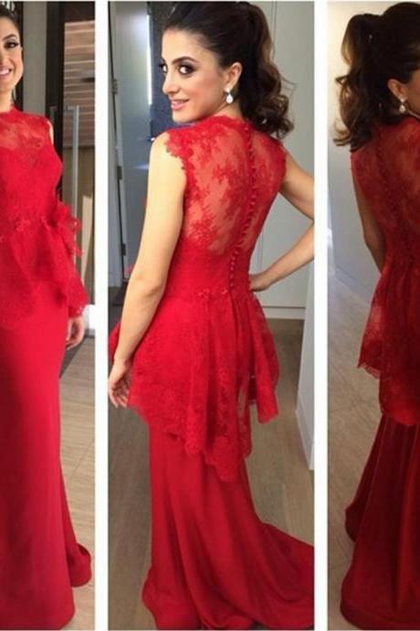 Charming Lace Mermaid Red Prom Gowns, Floor Length Jewel Neckline Evening Dresses, Long Red Bridesmaid Dresses