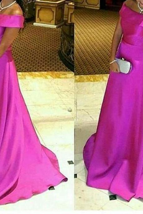 2016 Charming Scoop Long Formal Dresses, Simple Fuschia Satin Prom Dresses, Long Hot Pink Evening Gowns