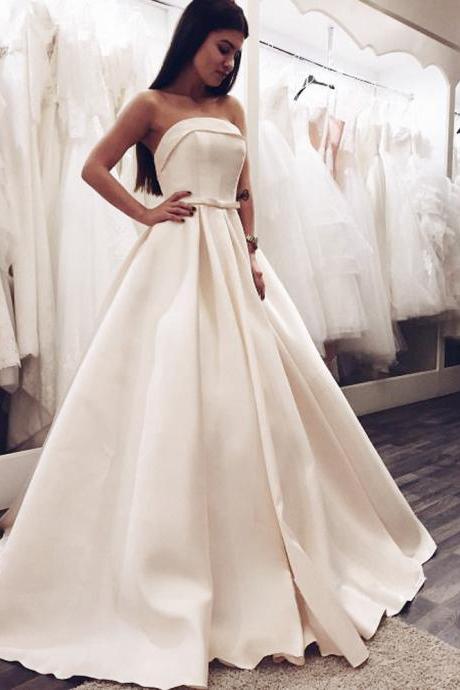 Elegant White A Line Prom Dresses, Floor Length Strapless Satin Formal Dresses, Long White Bridesmaid Dresses