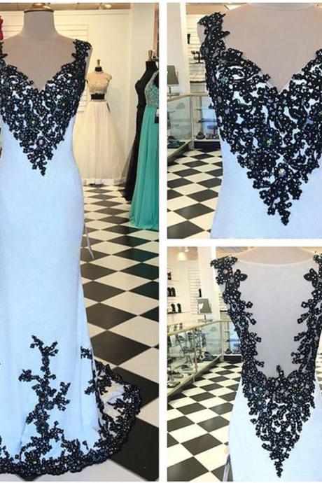 Sexy Backless Mermaid Prom Dresses,Long V Neck Chiffon Lace Appliques Evening Gowns, 2016 Long Formal Dresses
