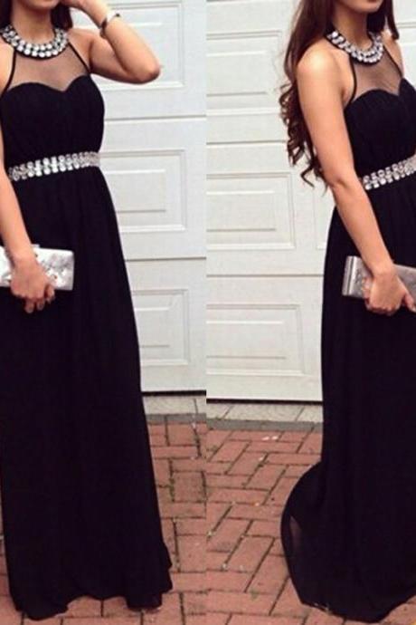 Fashion Halter Black Prom Dresses With Illusion Jewel Neckline Rhinestones Long Chiffon Formal Gowns 