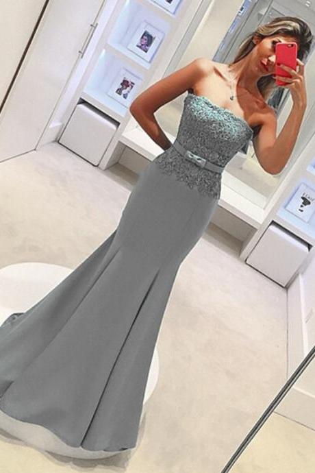 Long Mermaid Prom Dresses Gray Strapless Lace Appliques Satin Formal Gowns, Party Dresses, Evening Dress 2017,elegant Women Dresses