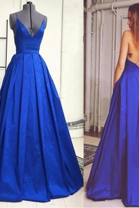Royal Blue Plunge V Spaghetti Straps Floor Length A-Line Prom Dress Featuring Criss-Cross Open Back, Formal Dress