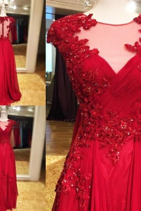 Charming Red Illusion Jewel Neckline Prom Gowns Cap Sleeve Chiffon See Thougth Back Lace Appliques Formal Dresses