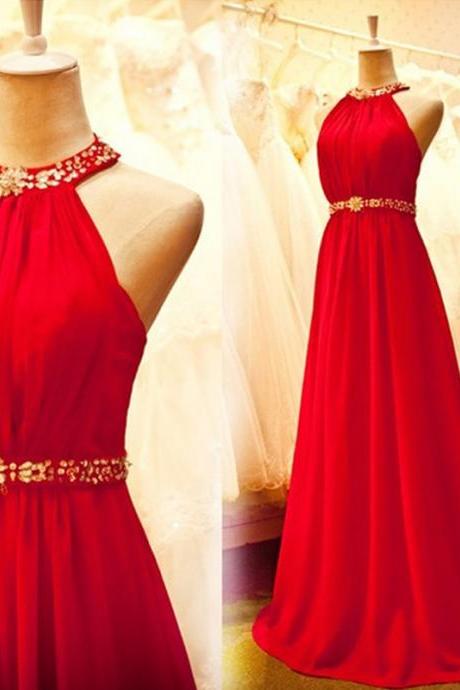 Stunning Court Train A Line Halter Red Beaded Chiffon Prom Dresses