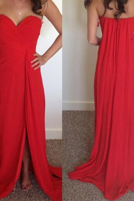 Red Prom Dresses Sweetheart Side Split Chiffon Formal Dresses With Watteau Train