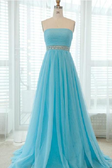Strapless Blue Prom Dresses With Beaded Waistline Ruched Floor Length Tulle Formal Dresses
