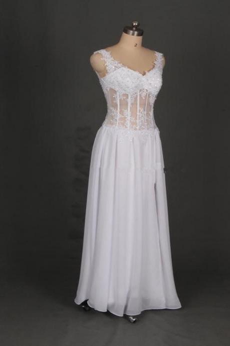 White V Neck Prom Gowns With Side Split Lace Appliques Illusion Bodice Evening Dresses