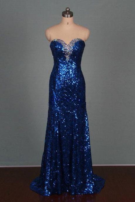 Sparkly Royal Blue Mermaid Formal Dresses Long Royal Blue Sequined Sweetheart Party Dresses With Court Train 