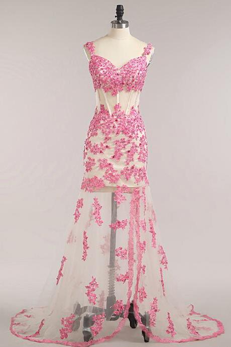 Charming Pink Mermaid Formal Dresses Lace Appliques Spaghetti Straps Prom Dresses With Court Train