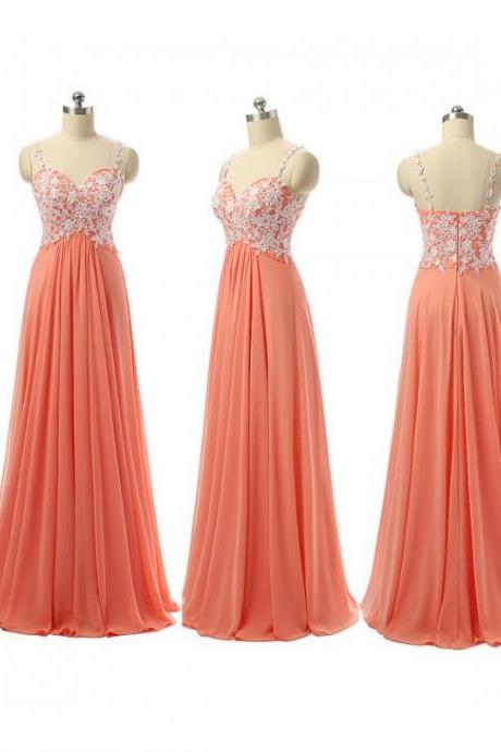 New Arrival Long Coral Spaghetti Straps Chiffon Bridesmaid Dresses With Lace Bodice, Long elegant prom dresses, Wedding Party dresses