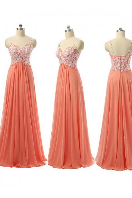 Long Coral Spaghetti Straps Chiffon Bridesmaid Dresses With Lace Bodice, Long Elegant Prom Dresses, Wedding Party Dresses