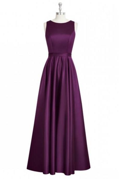 Charming Grape Purple Satin Backless Scoop Bridesmaid Dresses, Simple Ruched Long Formal Dresses, Wedding Party dresses,2017 Evening Gowns