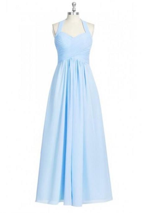 Charming Light Blue Halter Neckline Chiffon Bridesmaid Dresses, Simple Ruched Long Formal Dresses, Wedding Party dresses, New Arrival Evening Gowns