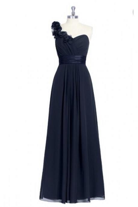 Junoesque Floral Dark Navy One Shoulder Chiffon Bridesmaid Dresses, Simple Long Ruched Formal Dresses, Wedding Party dresses, New Arrival Evening Gowns