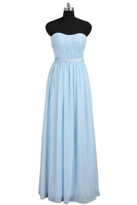 Light Blue Chiffon Long Bridesmaid Dress Featuring Ruched Sweetheart Bodice 