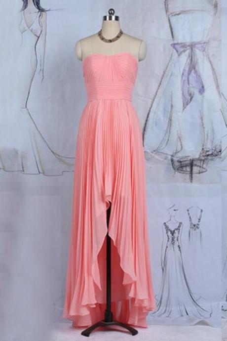 High Low Ruched Sweetheart Prom Dresses,Sexy Long Chiffon Strapless Formal Gowns, Party Dresses, Evening Dress 2017