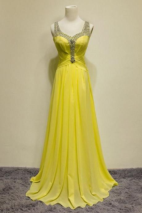 Charming Yellow V Neck Prom Gowns Strapless Chiffon See Thougth Back Beaded Embellished Formal Dresses