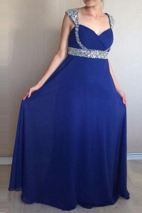 Fashion Royal Blue Prom Gowns Long Chiffon Cap Sleeve Beaded Embellished Formal Dresses