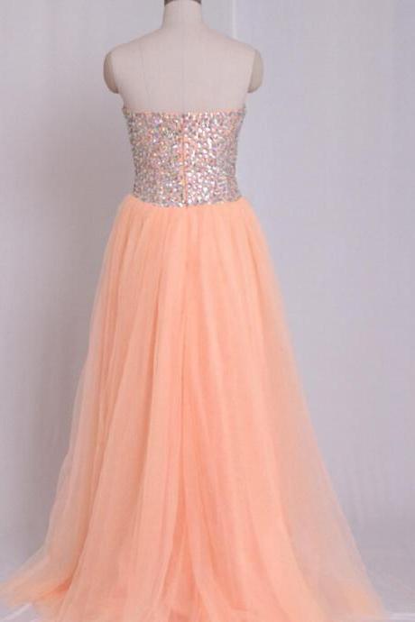 Sparkly Rhinestones Embellished Prom Dresses Sweetheart Tulle Coral Evening Formal Gowns
