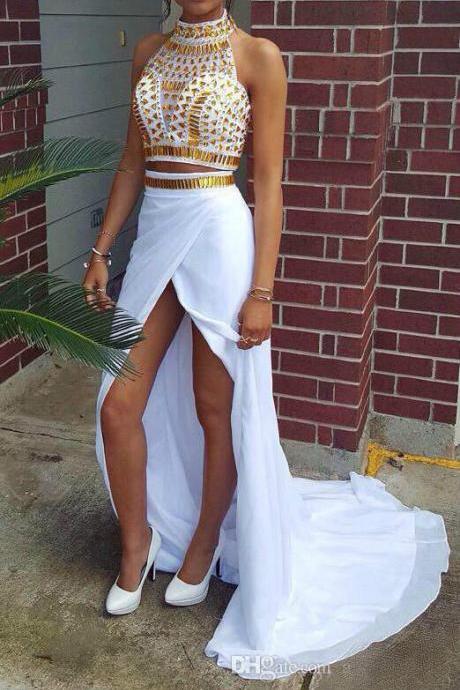 Sexy Halter Neckline Two Piece Prom Dresses With Gold Rhinestones Side Split Evening Gowns