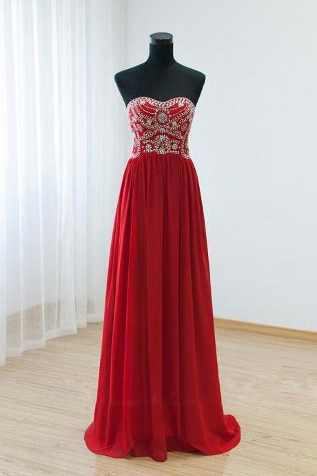 Long Elegant Red Prom Dresses Sweetheart Rhinestones Beaded Embellished Formal Gowns With Court Train