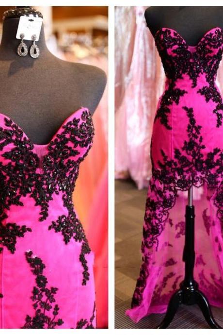 Sexy Fuschia Sweetheart High Low Prom Dresses Black Lace Appliques Formal Gowns With Court Train