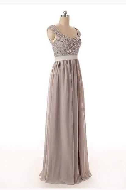 Elegant Long V Neck Gray Prom Dresses Long Chiffon Beaded Backless Evening Party Gowns 