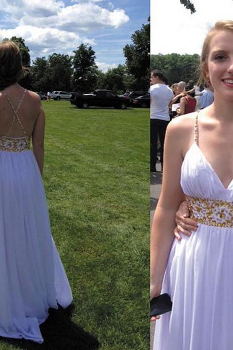 Spaghetti Straps White Prom Dresses Beaded Backless Floor Length Chiffon Formal Dresses