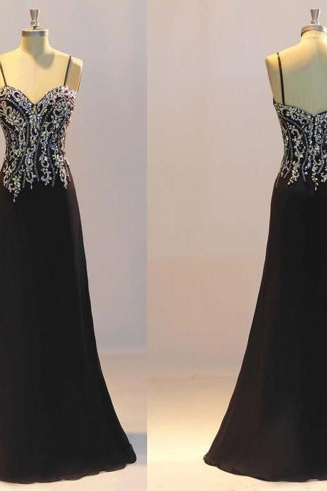 Long Black Mermaid Prom Dresses Beaded Spaghetti Straps Chiffon Formal Dresses With Sweep Train 