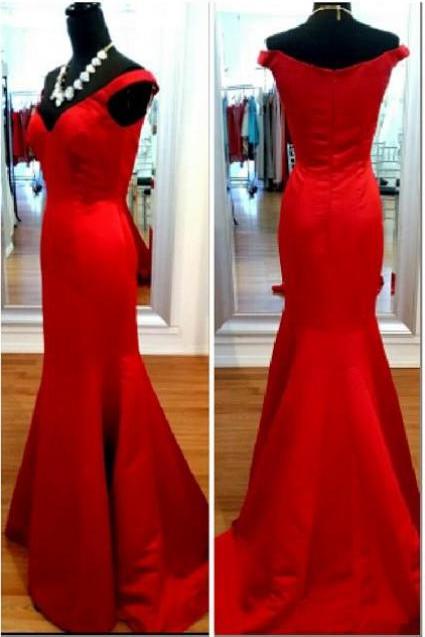 New Arrival Long Red Prom Gowns, Floor Length Off The Shoulder Satin Formal Dresses, Long Red Mermaid Bridesmaid Dresses