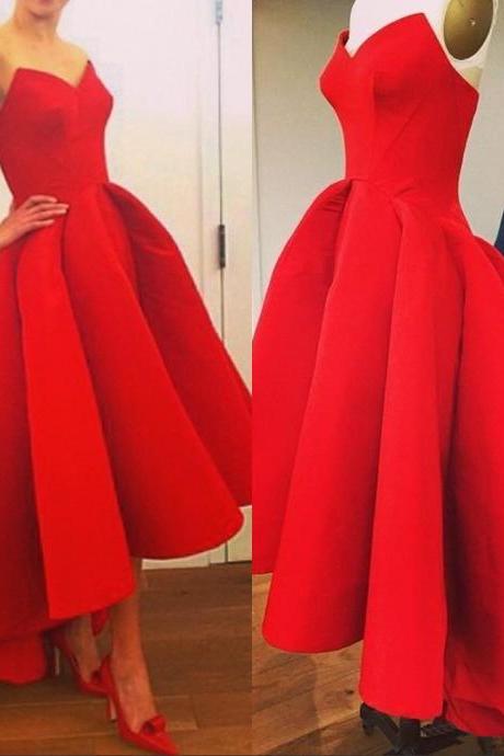 High Low Red Prom Gowns, Floor Length V Neck Satin Formal Dresses, Long Red Front Short And Long Back Bridesmaid Dresses