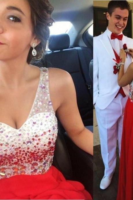 Red Beaded Embellished One Shoulder Prom Dresses Floor Length Chiffon Backless Formal Evening Gowns