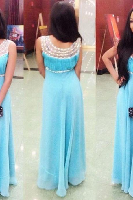 Light Blue Illusion Scoop Neck Prom Dresses Long Elegant Chiffon Beaded Evening Party Gowns 