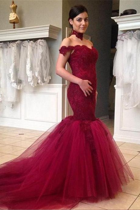 Stunning Burgundy Lace Mermaid Prom Dresses Long Off The Shoulder Tulle Evening Party Gowns 