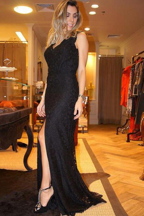 Sexy V Neck Lace Trumpet Black Prom Dresses With Side Split Backless Long Elegant Formal Evening Gowns