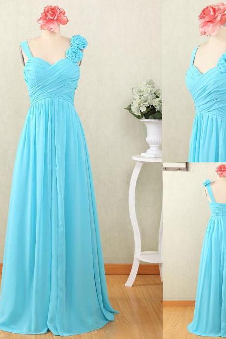 Sky Blue Spaghetti Straps Prom Dresses Featuring Floral Shoulder And Ruched Bodice Chiffon Long Formal Evening Gowns