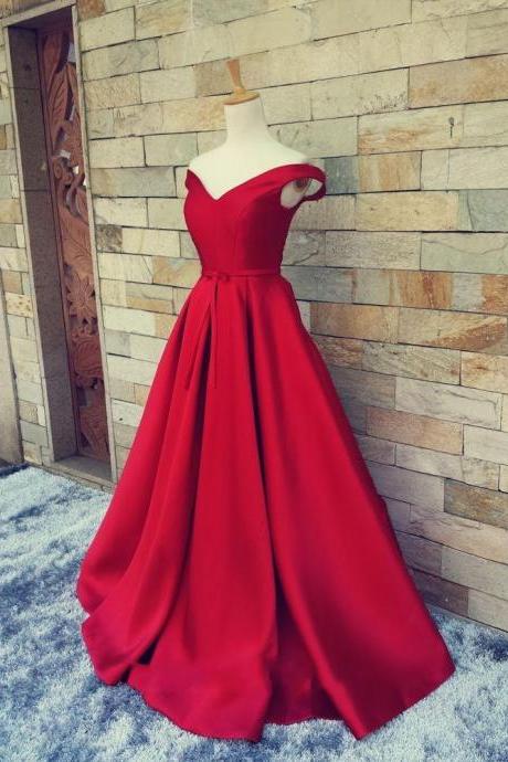 Red Satin A Line Formal Dresses Featuring Ruched Skirt And V Neckline - Prom Dresses,Party Dress 
