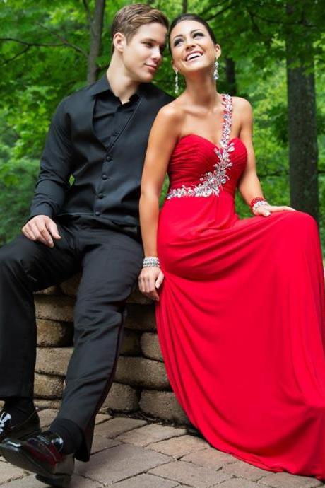 Red Rhinestones Beaded One Shoulder Chiffon Prom Dresses With Sweetheart Neckline - Long Elegant Evening Formal Gowns