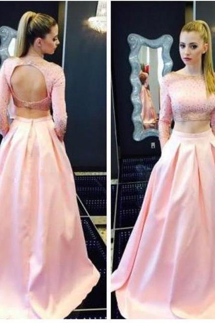 Sexy Long Pink Backless Two Piece Prom Dresses With Long Sleeve Satin Bateau Neckline Beaded Evening Gowns