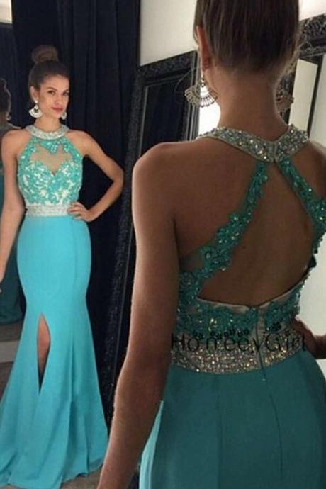 Sexy Long Lace Appliques Light Blue Chiffon Mermaid Prom Dresses Featuring Sheer Halter Neckline And Side Split Backless Evening Gowns