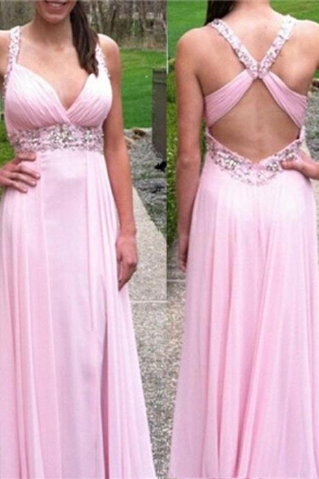 Sexy Long Pink Chiffon Prom Dresses Featuring Ruched Bodice And Beaded Waistline Floor Length Backless Evening Formal Gowns