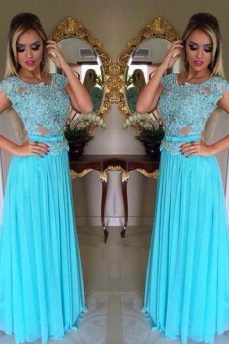 Light Blue Floor Length Chiffon Prom Dresses Featuring Lace Bodice And Sheer Neck,Bow Accent Belt Long Elegant Evening Formal Gowns 