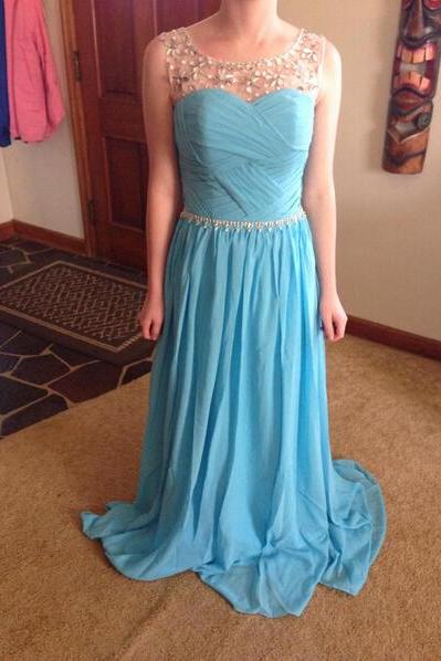 Sky Blue Chiffon Prom Dresses Featuring Beaded Sheer Bateau Neckline And Ruched Bodice Long Elegant Party Formal Gowns 