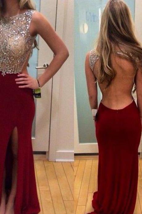 Sexy Burgundy Backless Chiffon Prom Dresses Featuring Rhinestones Embellished Bodice And Side Split Long Elegant Party Formal Gowns 